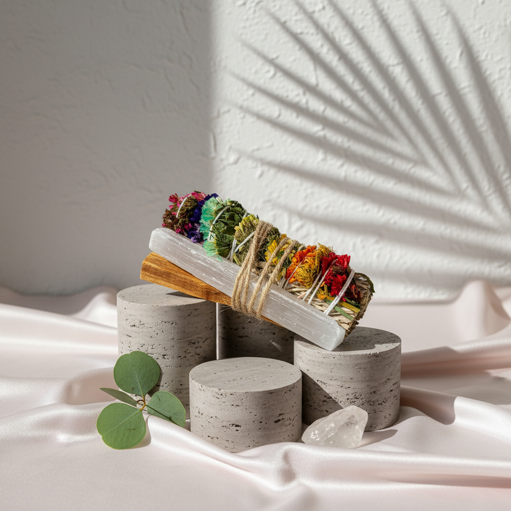 A chakra sage smudge bundle tied with twine and paired with a Palo Santo stick and a raw selenite wand arranged on textured stone pedestals with soft botanical shadows on a light neutral backdrop. — for Carpe Diem Dream