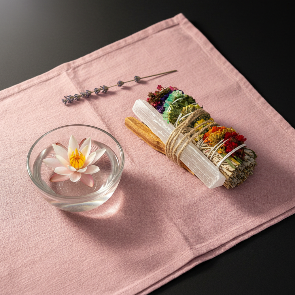 A chakra sage smudge bundle tied with twine resting beside a glass bowl with a floating lotus flower and a sprig of lavender on a soft pink fabric surface. — for Carpe Diem Dream
