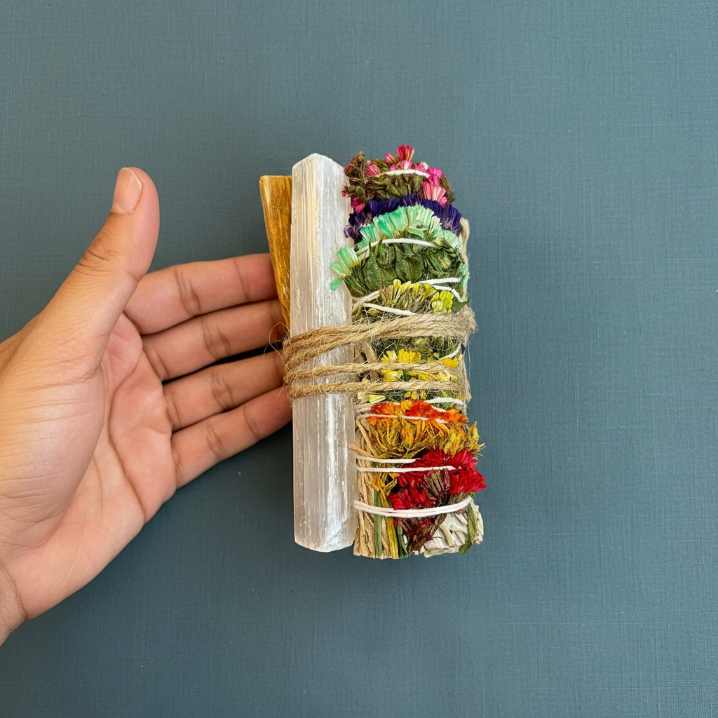 A chakra sage smudge bundle tied with twine shown beside a hand for size reference on a muted teal background. — for Carpe Diem Dream
