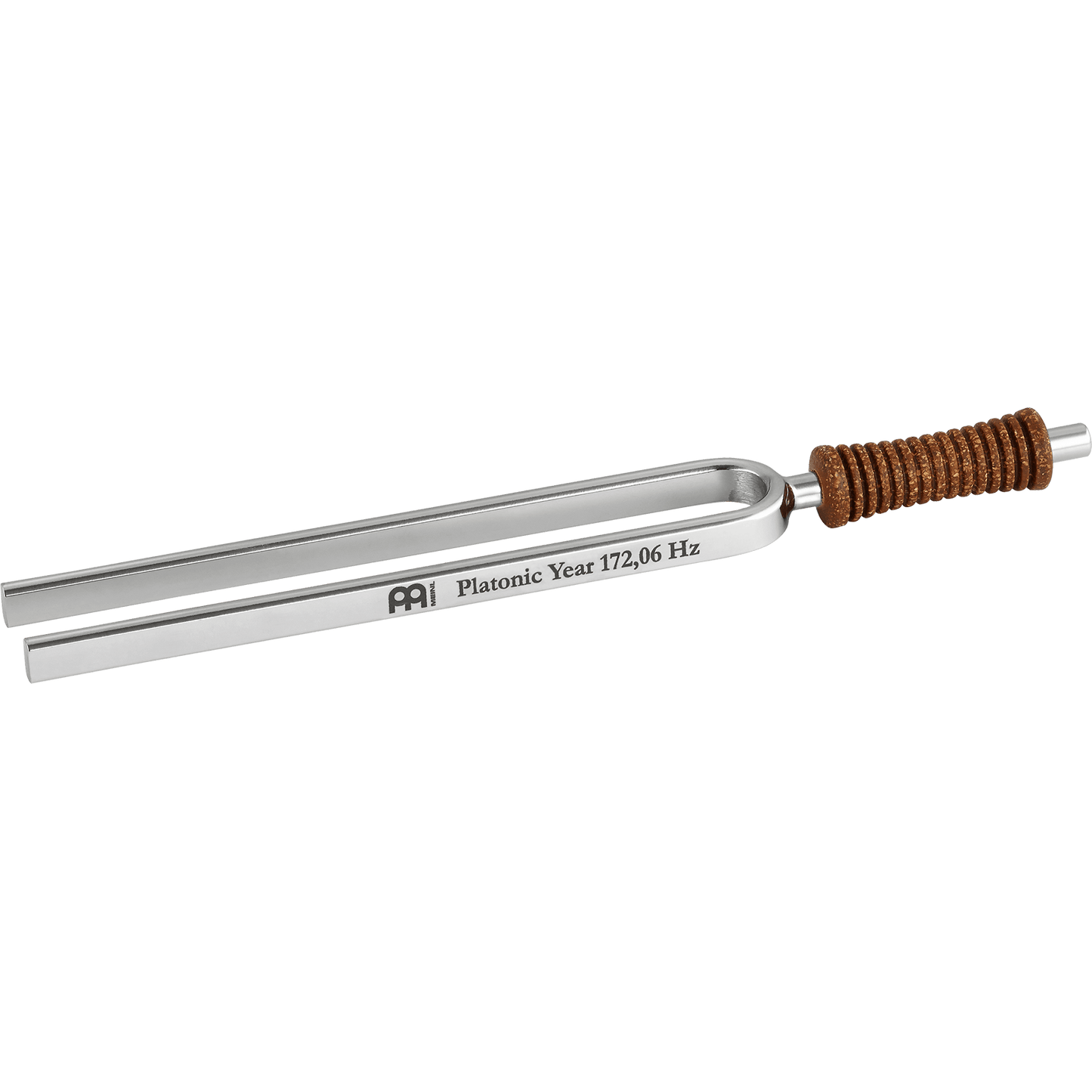 Single metal tuning fork with cork handle engraved Platonic Year 172.06 Hz for Crown Chakra shown in close-up. — for Carpe Diem Dream