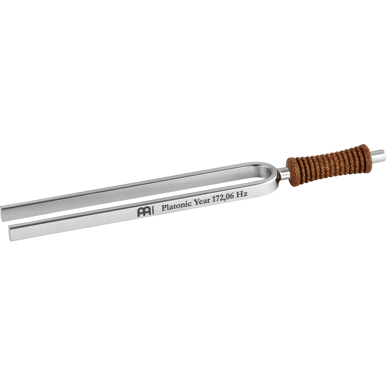 Single metal tuning fork with cork handle engraved Platonic Year 172.06 Hz for Crown Chakra shown in close-up. — for Carpe Diem Dream