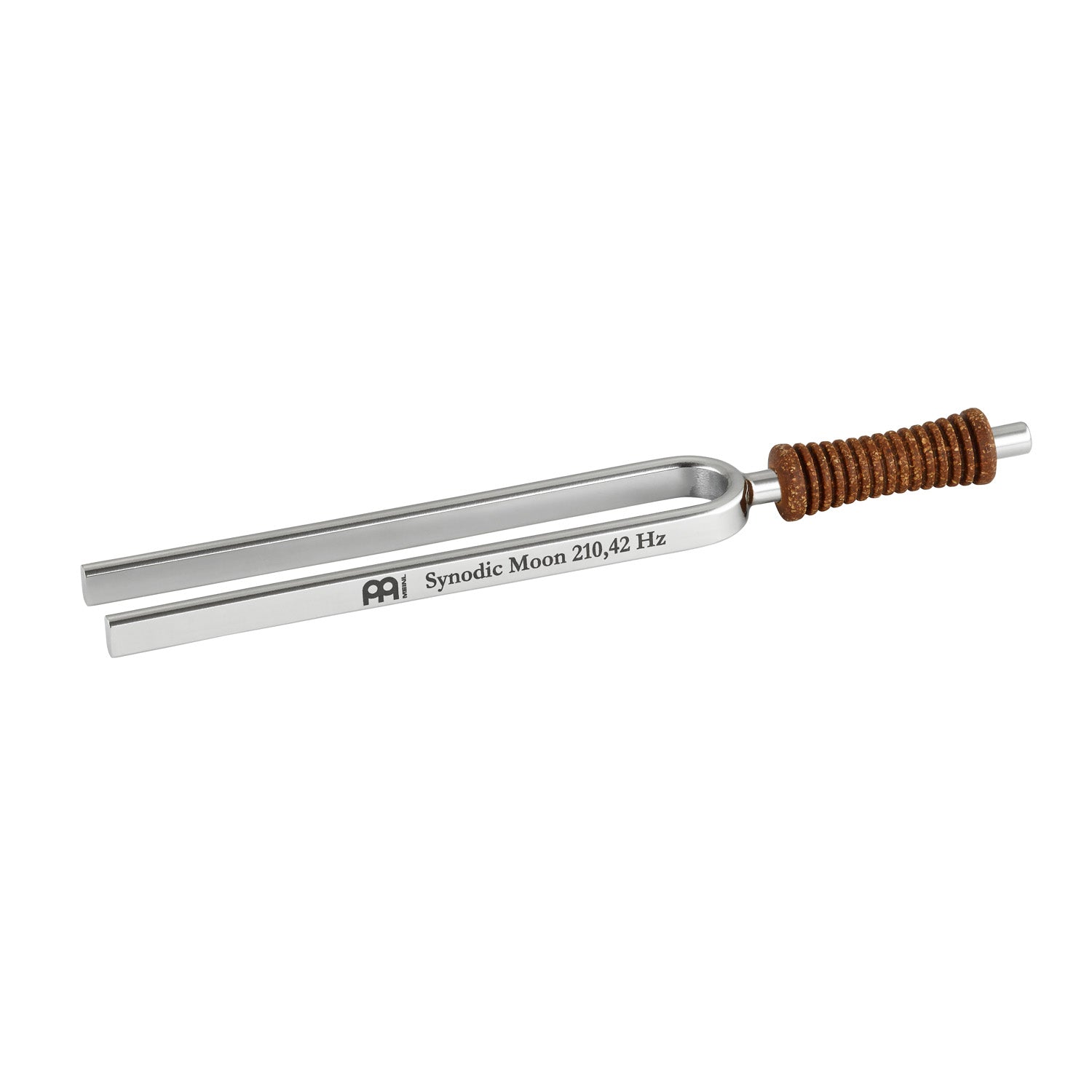 Single metal tuning fork with cork handle engraved Synodic Moon 210.42 Hz for Sacral Chakra shown in close-up. — for Carpe Diem Dream