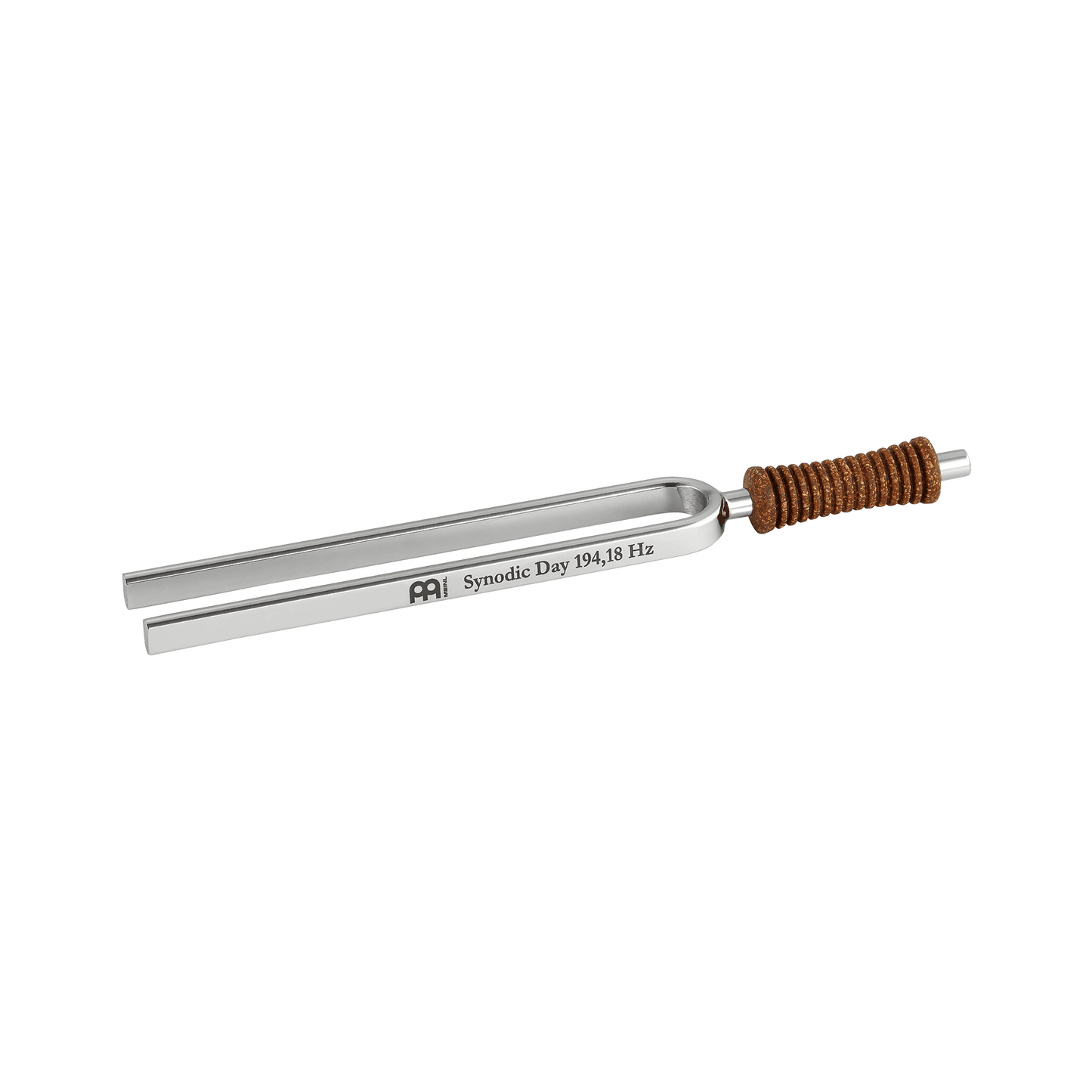 Single metal tuning fork with cork handle engraved Synodic Day 194.18 Hz shown in close-up. — for Carpe Diem Dream