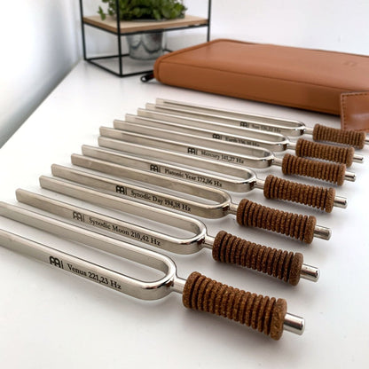 Seven chakra tuning forks with cork handles laid out in a row with the portable travel case behind them on a white surface. — for Carpe Diem Dream