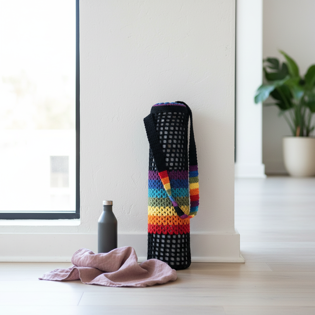 A black crochet chakra yoga mat bag with rainbow stripes stands upright beside a water bottle and mauve textile in a cool natural-light yoga room. — for Carpe Diem Dream