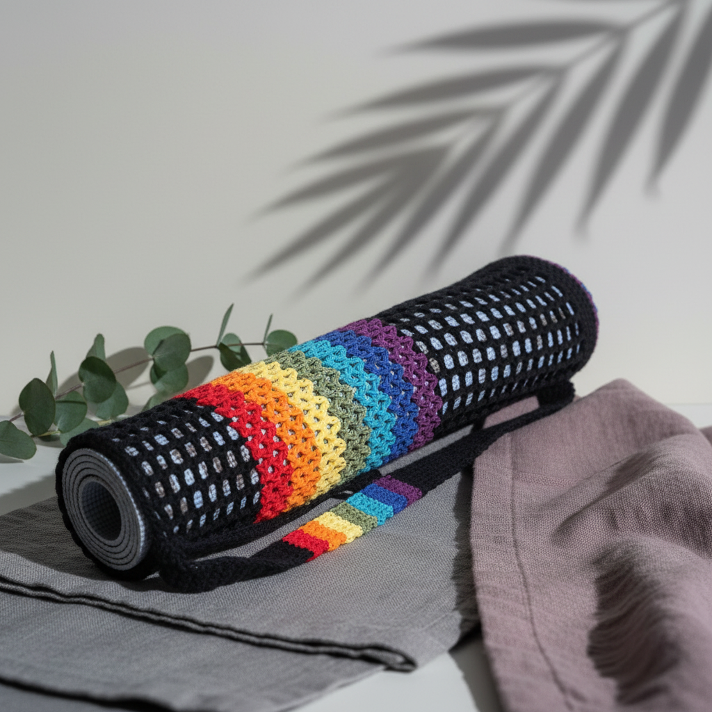 A rolled black crochet chakra yoga mat bag with rainbow stripes rests on layered neutral linens beside eucalyptus stems and a mauve textile, with soft botanical shadows on the wall. — for Carpe Diem Dream