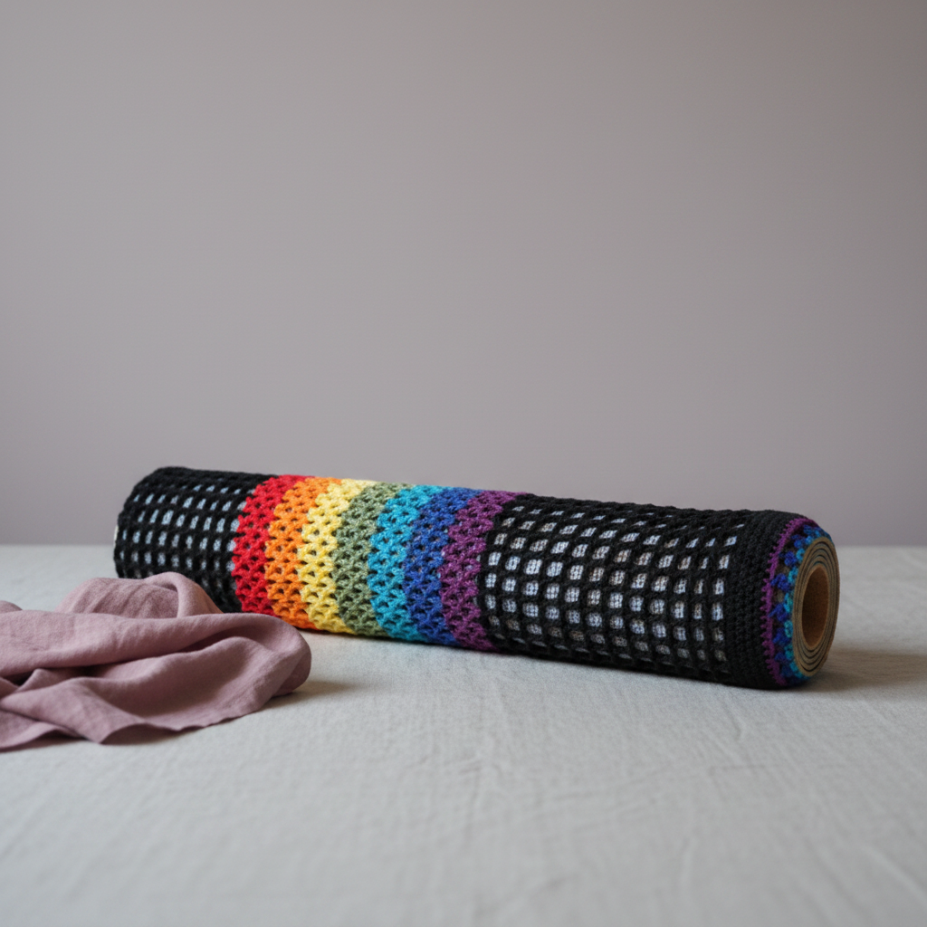 A black crochet chakra yoga mat bag with rainbow stripes rests on a cool neutral linen surface beside a mauve textile accent. — for Carpe Diem Dream