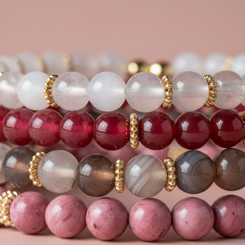 Close-up view of stacked white, red, gray, and pink beaded bracelets showing detailed textures and gold accents. — for Carpe Diem Dream