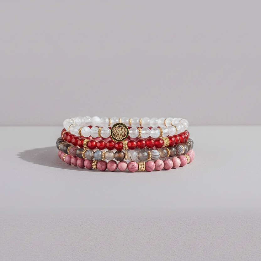 Four stacked red, white, gray, and pink beaded bracelets resting on a soft matte neutral surface with a gently textured wall behind them. — for Carpe Diem Dream
