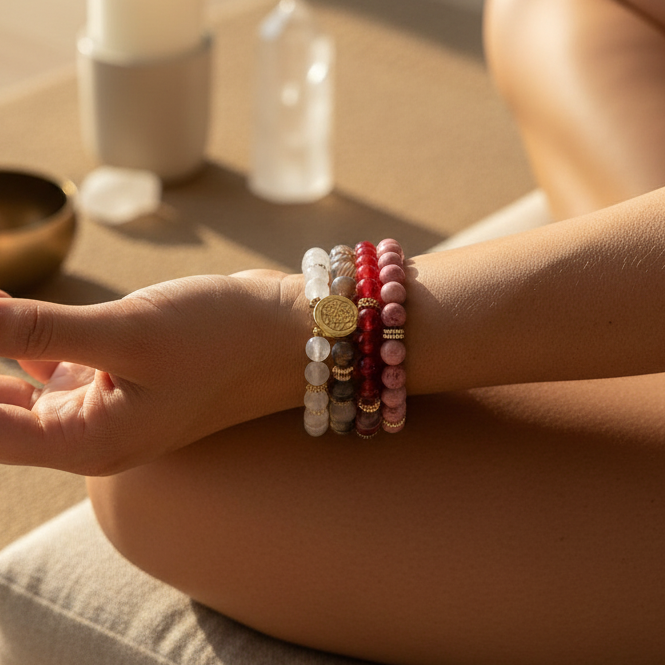 A person’s wrist stacked with white, red, gray, and pink beaded bracelets resting on their bent knee in warm natural sunlight with soft, blurred meditation props in the background. — for Carpe Diem Dream