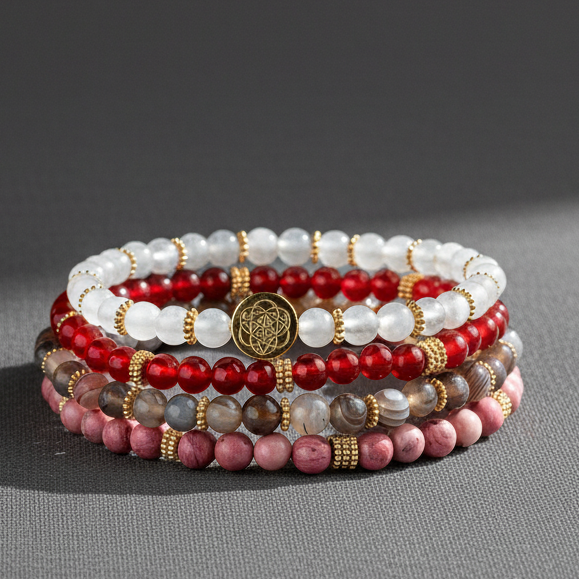 Four stacked red, white, gray, and pink beaded bracelets resting on a soft matte gray surface with gentle directional light. — for Carpe Diem Dream