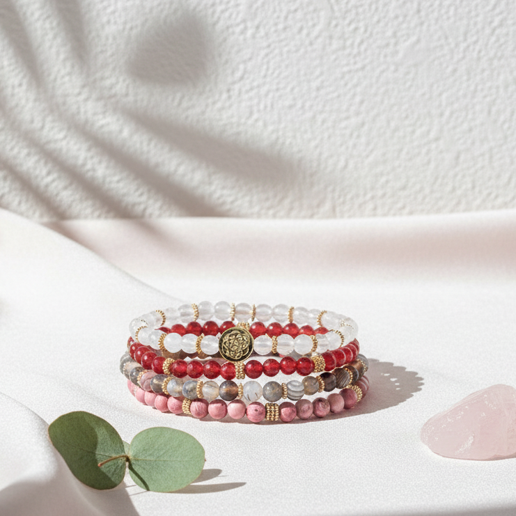 Four stacked red, white, gray, and pink beaded bracelets resting on soft silk with botanical shadows cast across a textured wall. — for Carpe Diem Dream