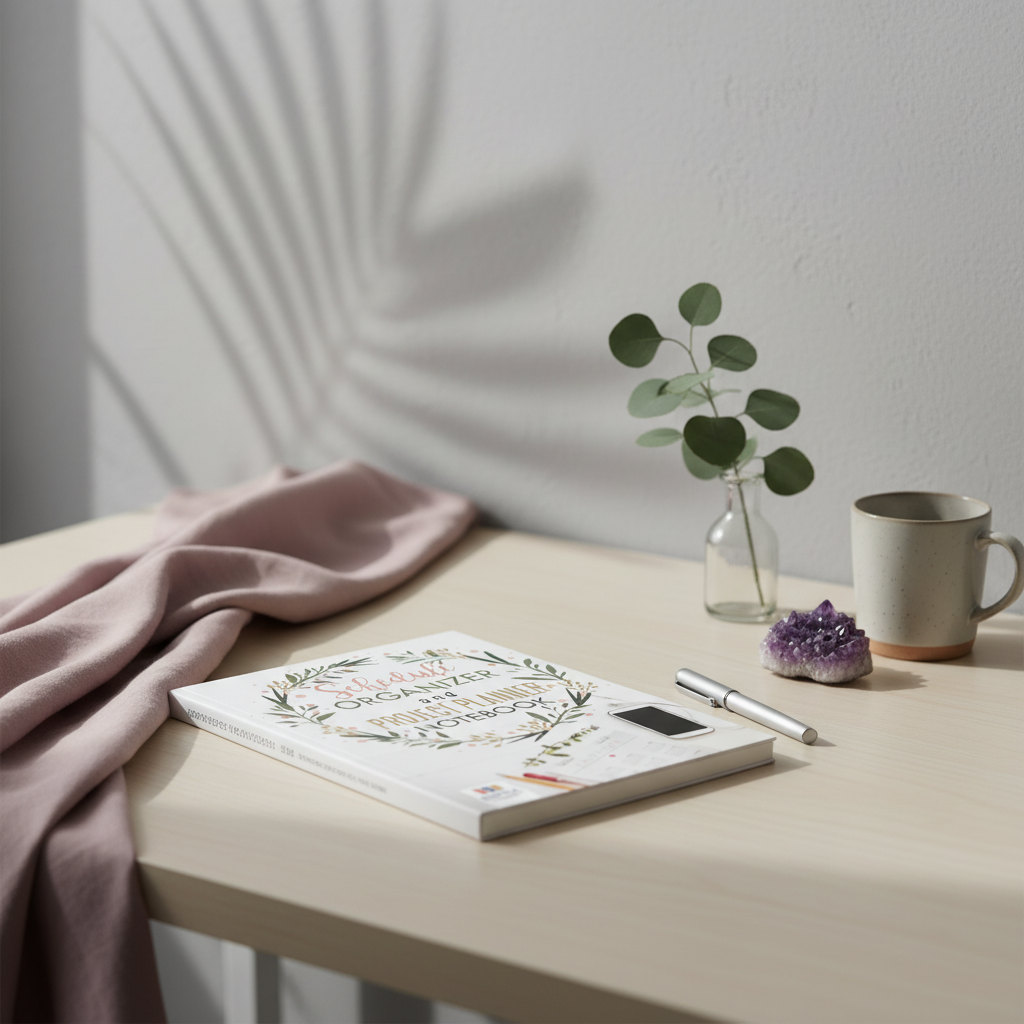 Schedule Organizer and Project Planner Notebook resting on a desk beside a pen, mug, amethyst crystal, and eucalyptus stems in a softly lit workspace. — for Carpe Diem Dream