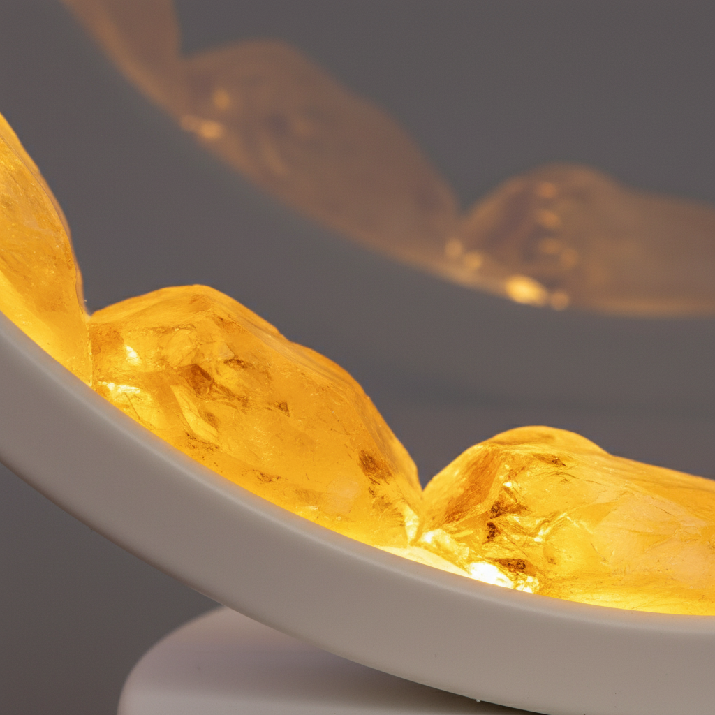 Close-up of citrine stones glowing inside the circular lamp frame on a soft studio backdrop. — for Carpe Diem Dream