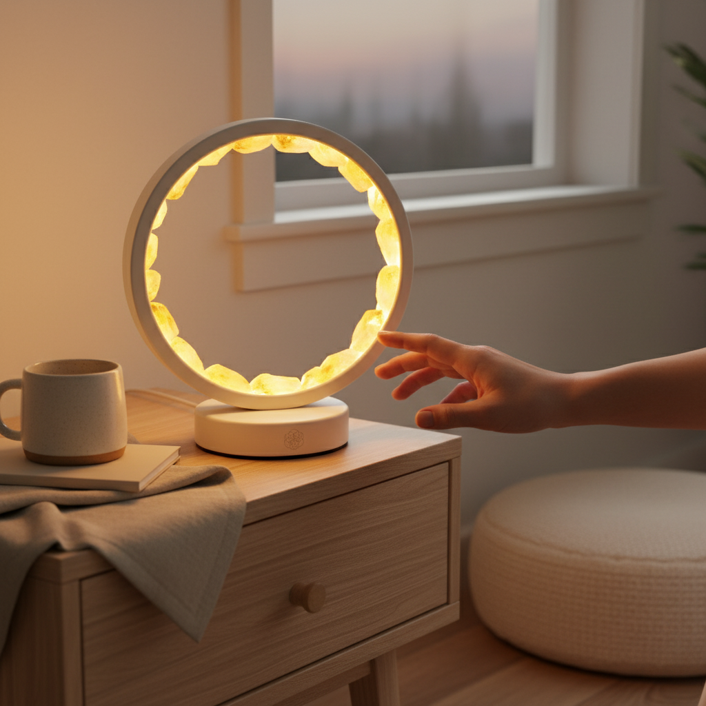 Hand reaching toward a glowing citrine manifestation lamp on a nightstand beside a mug and cushion in a cozy room. — for Carpe Diem Dream