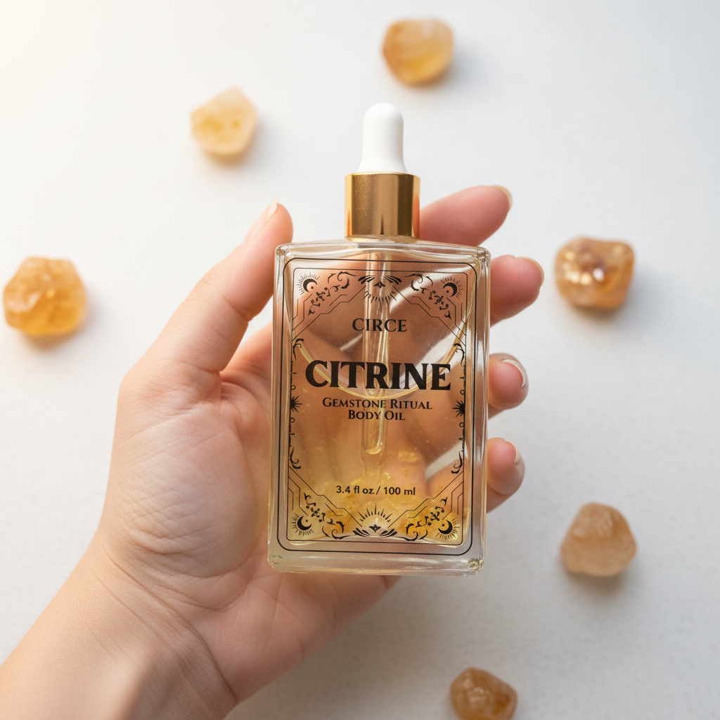 Hand holding Citrine Ritual Body Oil bottle with scattered citrine crystals showing product scale and symbolism. — for Carpe Diem Dream