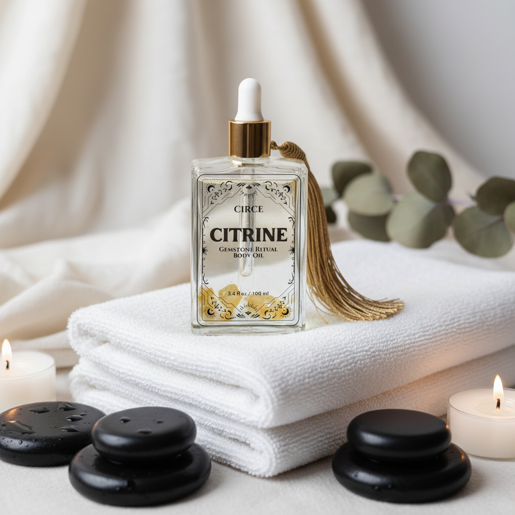 Citrine Ritual Body Oil bottle placed on folded spa towels with candles and hot stones in a calming spa setting. — for Carpe Diem Dream