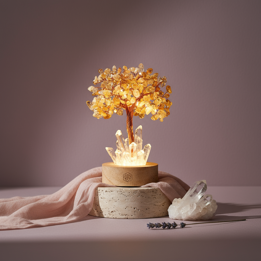 Golden citrine gemstone tree lamp displayed on stacked stone pedestal with lavender sprig and clear quartz cluster on mauve backdrop. — for Carpe Diem Dream