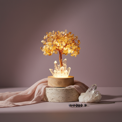 Golden citrine gemstone tree lamp displayed on stacked stone pedestal with lavender sprig and clear quartz cluster on mauve backdrop. — for Carpe Diem Dream