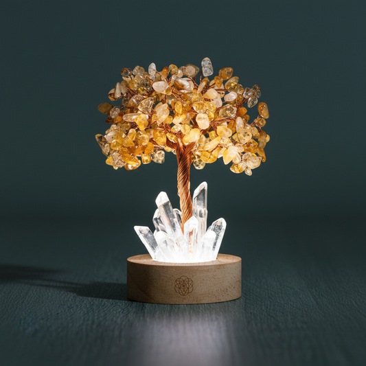 Golden citrine gemstone tree lamp on wooden base displayed against soft teal backdrop with illuminated quartz points beneath the trunk. — for Carpe Diem Dream