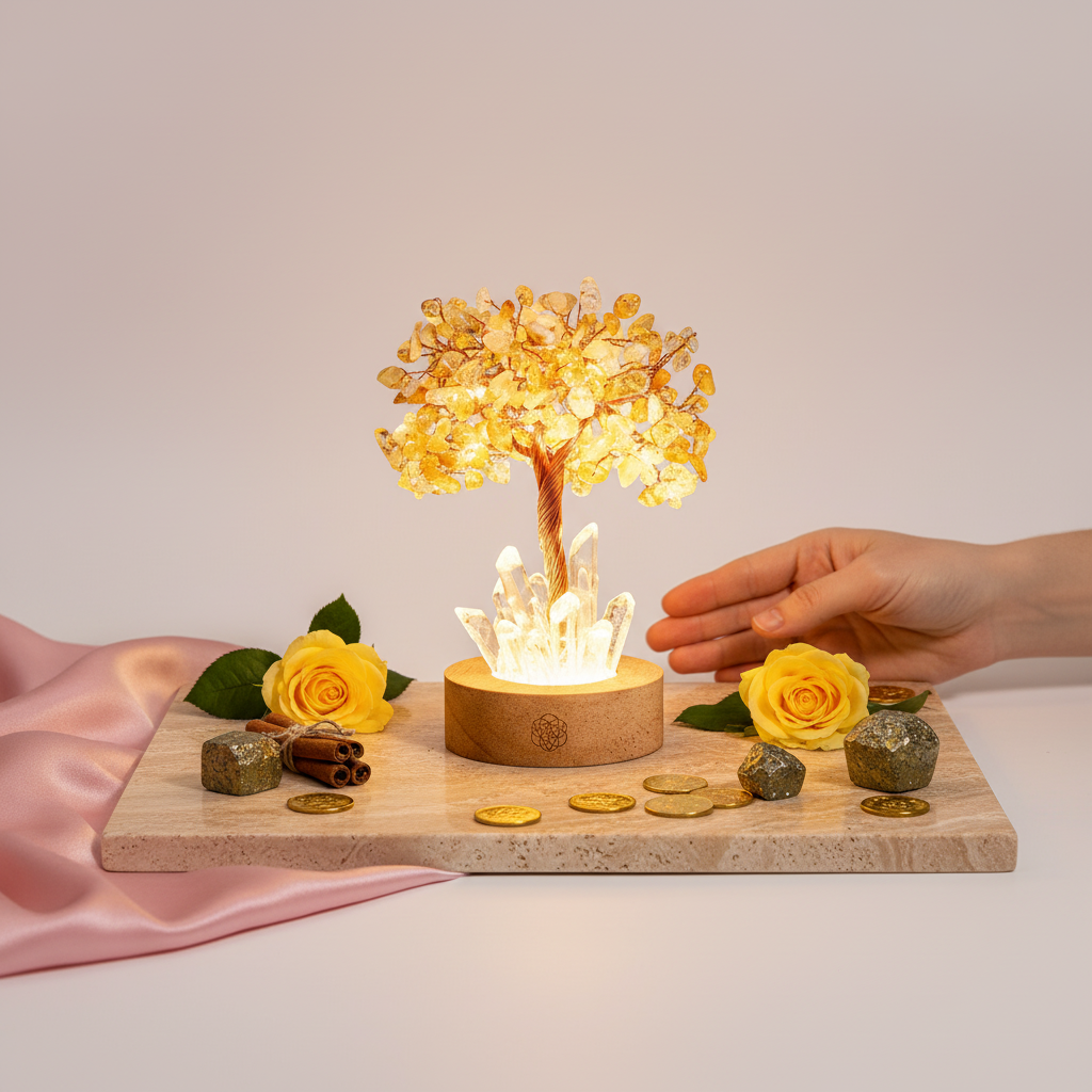 Golden citrine gemstone tree lamp on stone platform with yellow roses, gold coins, and a hand placing a green quartz cluster on mauve backdrop. — for Carpe Diem Dream