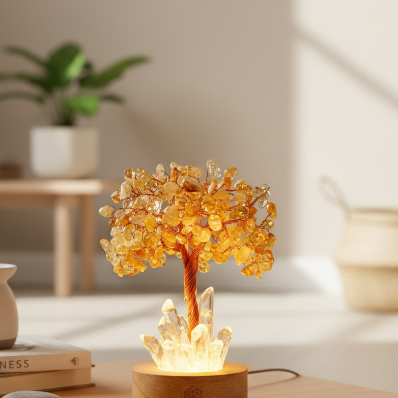 Golden citrine gemstone tree lamp displayed on wooden pedestal in sunlit room beside stacked books and plant pot. — for Carpe Diem Dream