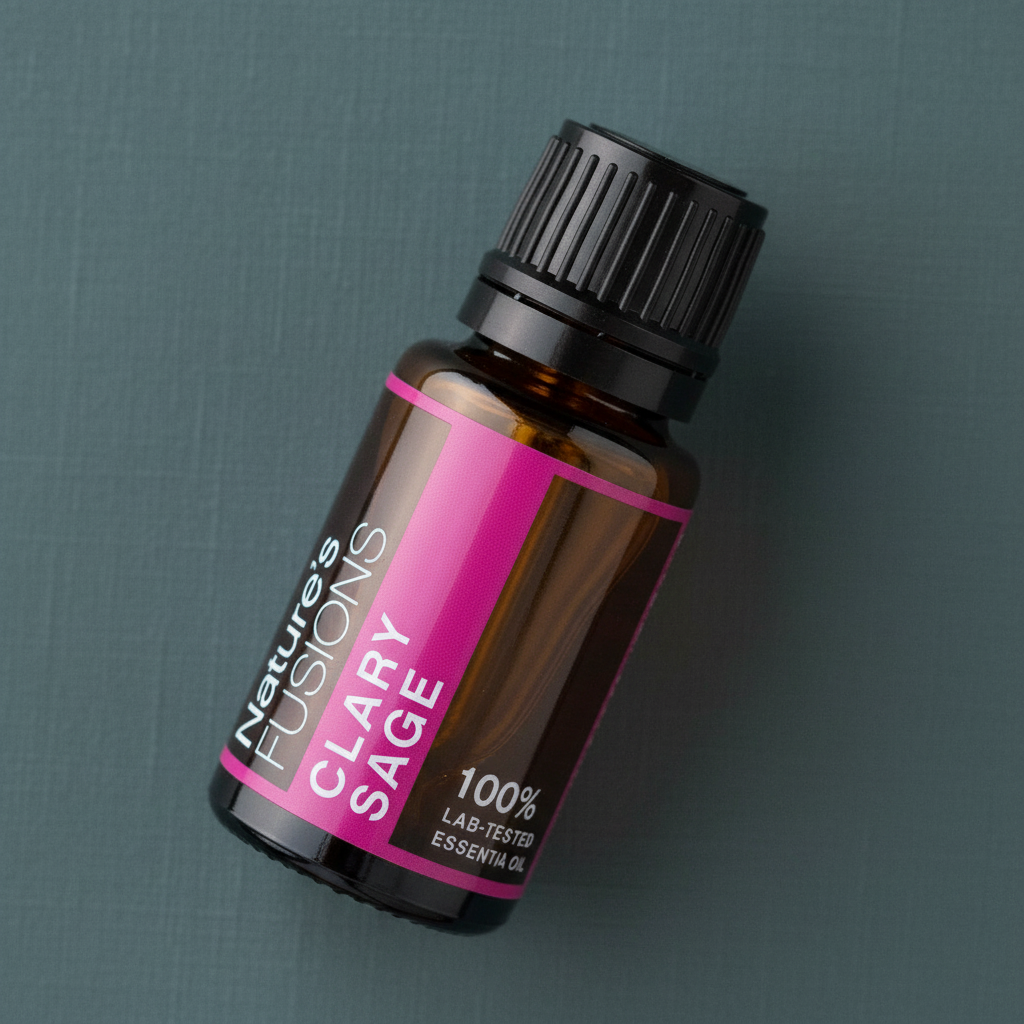 A close-up of a 15ml amber glass bottle of Clary Sage essential oil with a black ribbed cap and pink label resting on a muted teal surface. — for Carpe Diem Dream