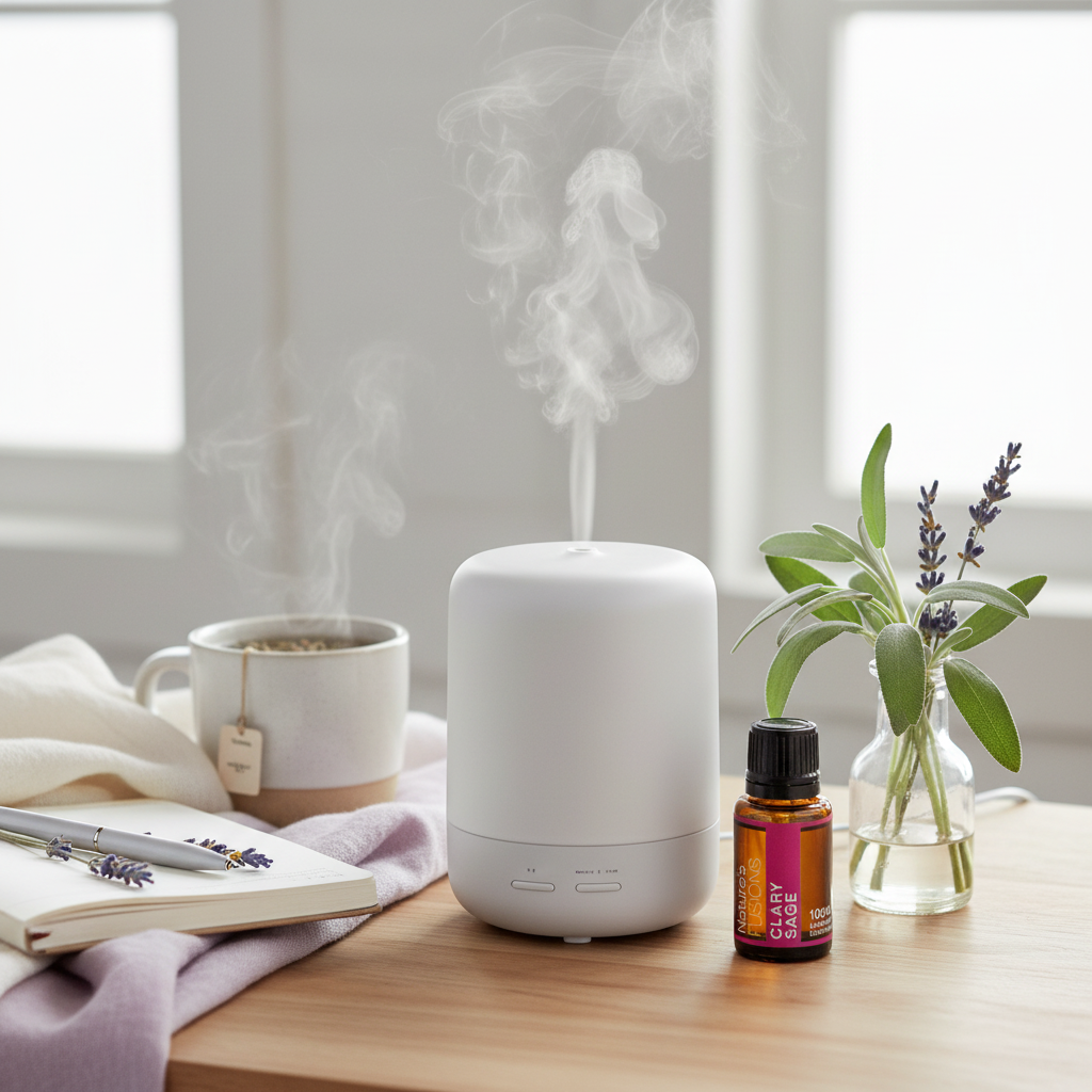 A 15ml bottle of Clary Sage essential oil placed beside a white diffuser releasing steam, with a cup, notebook, and fresh greenery on a wooden surface. — for Carpe Diem Dream