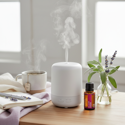 A 15ml bottle of Clary Sage essential oil placed beside a white diffuser releasing steam, with a cup, notebook, and fresh greenery on a wooden surface. — for Carpe Diem Dream