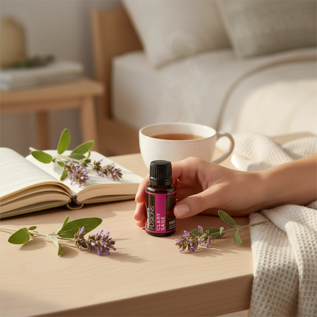 A hand holding a 15ml bottle of Clary Sage essential oil beside an open book, a cup of tea, and sprigs of purple flowers on a wooden bedside table. — for Carpe Diem Dream