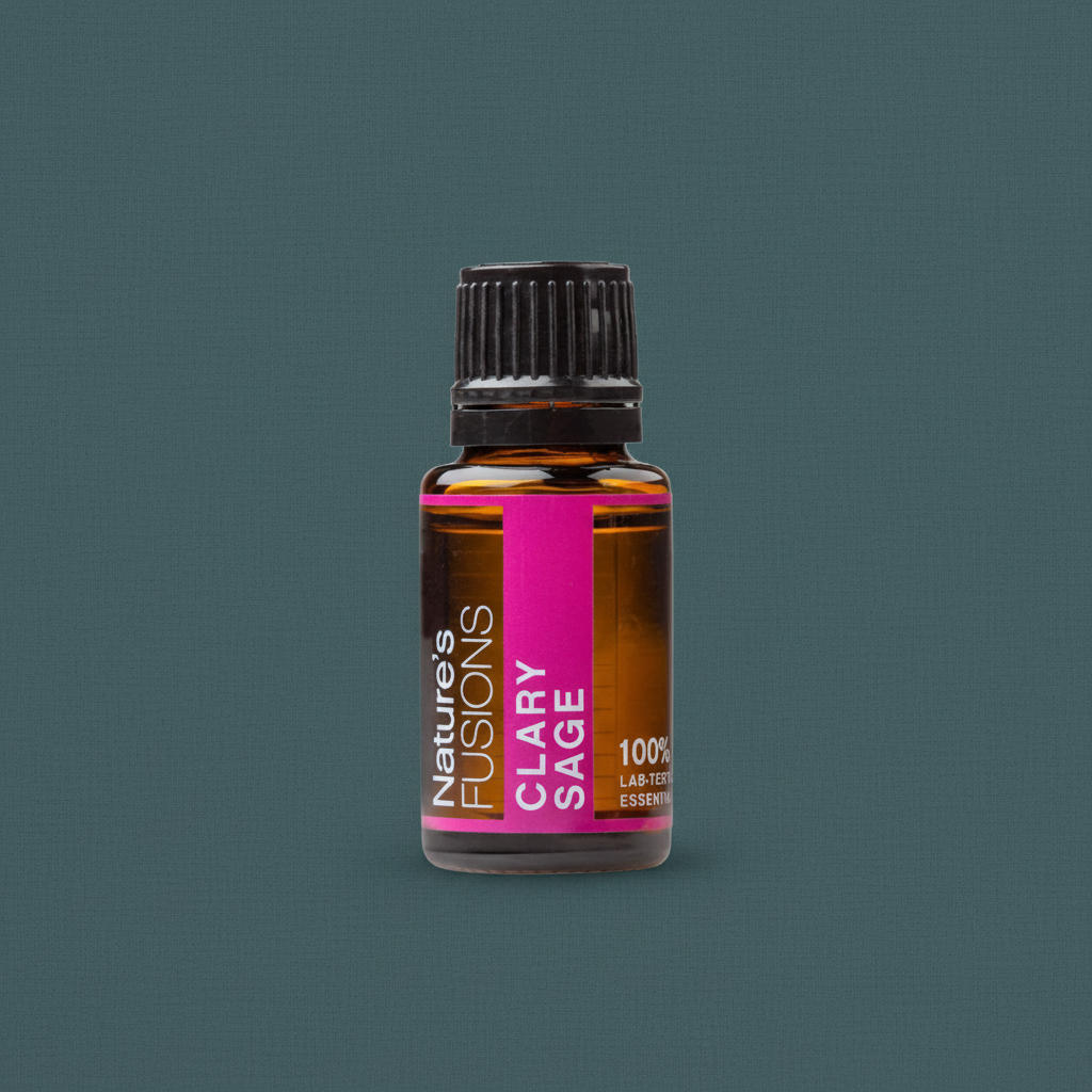 A 15ml amber glass bottle of Clary Sage essential oil with a black ribbed cap and pink label displayed upright against a muted teal background. — for Carpe Diem Dream