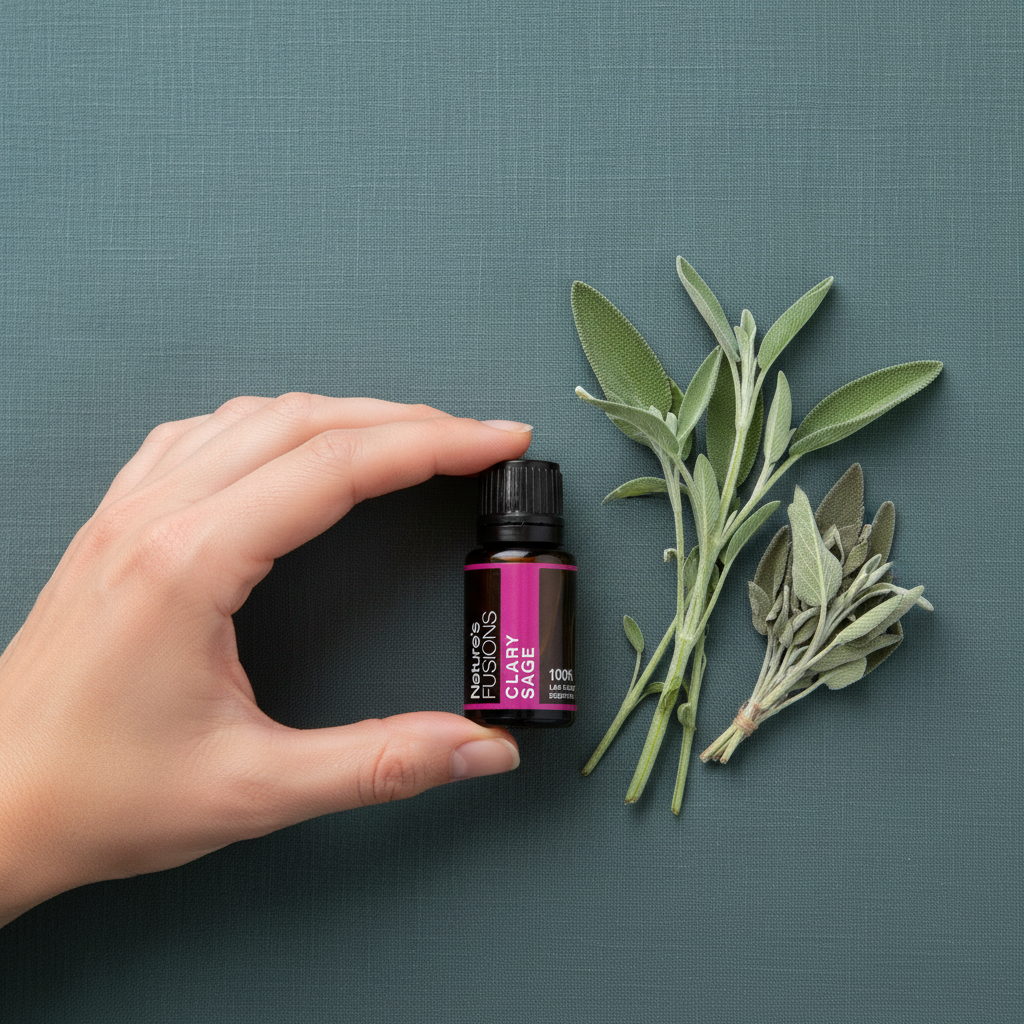 A hand holding a 15ml bottle of Clary Sage essential oil next to fresh sage sprigs on a muted teal surface. — for Carpe Diem Dream