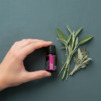 A hand holding a 15ml bottle of Clary Sage essential oil next to fresh sage sprigs on a muted teal surface. — for Carpe Diem Dream