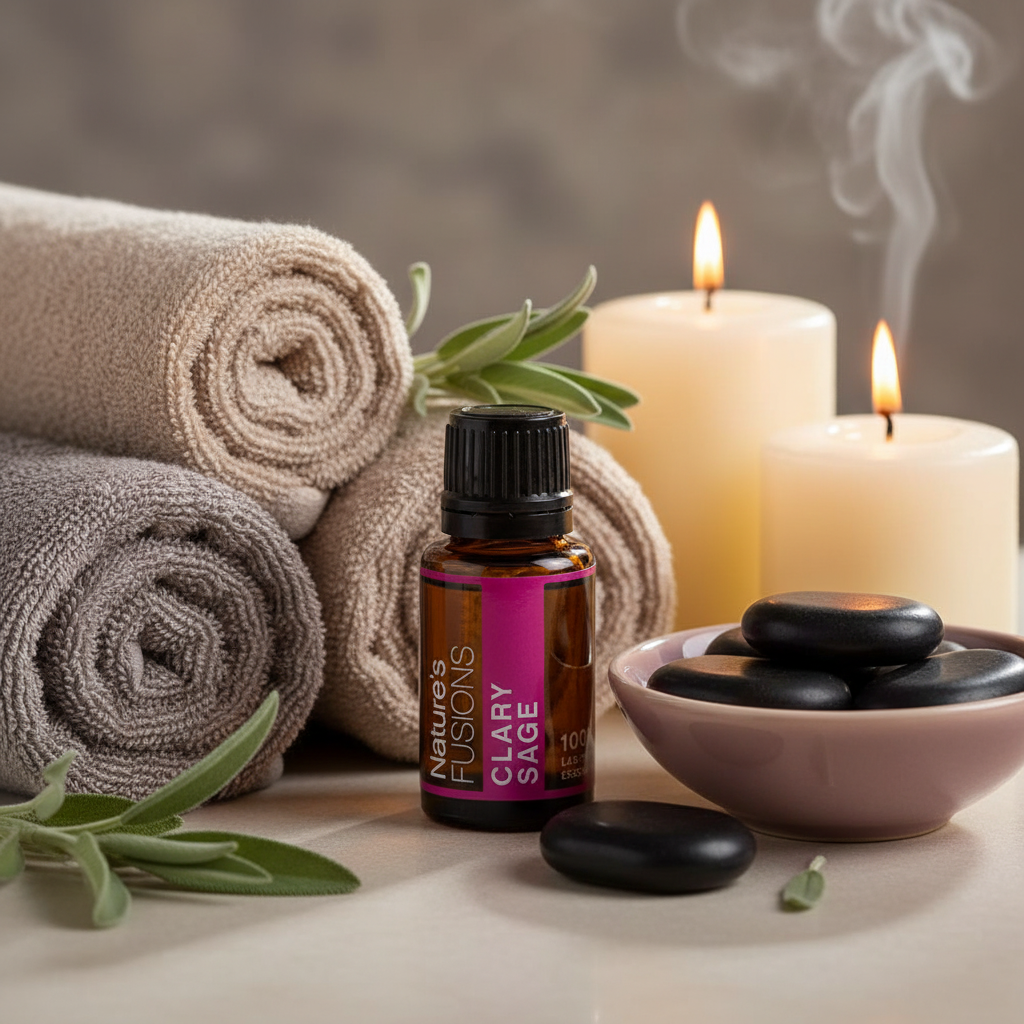 A 15ml bottle of Clary Sage essential oil displayed beside rolled towels, lit candles, smooth stones, and fresh sage leaves on a neutral surface. — for Carpe Diem Dream