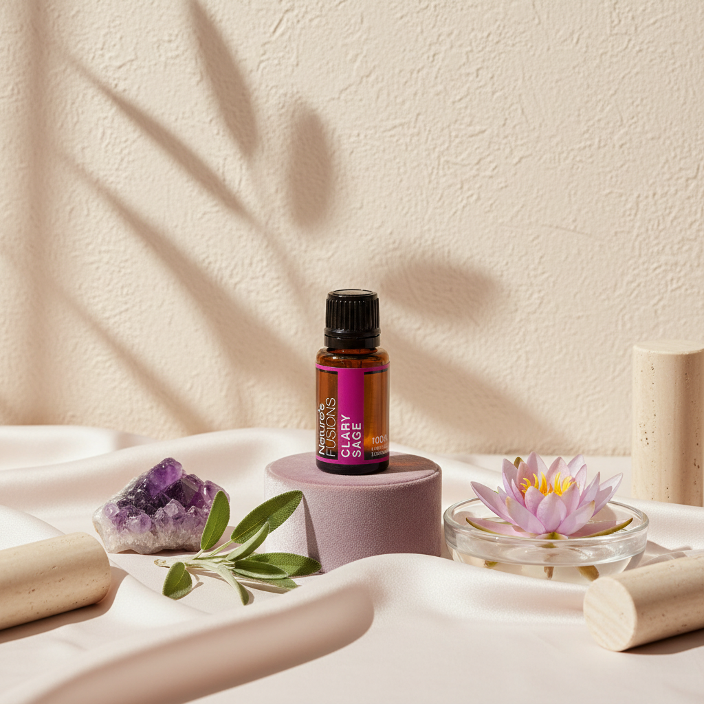 A 15ml amber glass bottle of Clary Sage essential oil displayed on a pedestal beside a purple crystal, green leaves, and a lotus flower in a glass bowl against a neutral background. — for Carpe Diem Dream