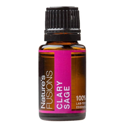 A 15ml amber glass bottle of Clary Sage essential oil with a black ribbed cap and pink label displayed on a white background. — for Carpe Diem Dream