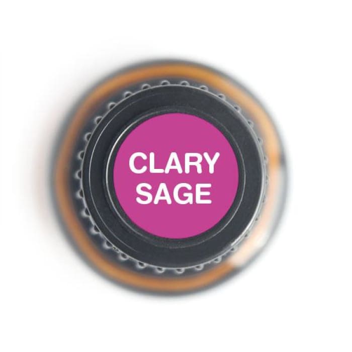 Top view of a 15ml Clary Sage essential oil bottle showing a pink cap label that reads “CLARY SAGE” on a white background. — for Carpe Diem Dream
