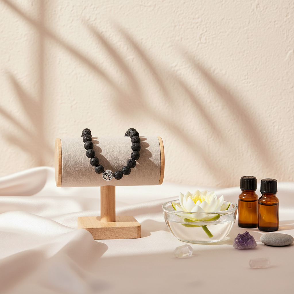 A black lava stone stretch bracelet with a silver Tree of Life charm displayed on a wooden stand beside amber essential oil bottles, a glass bowl with a floating flower, and small crystals. — for Carpe Diem Dream