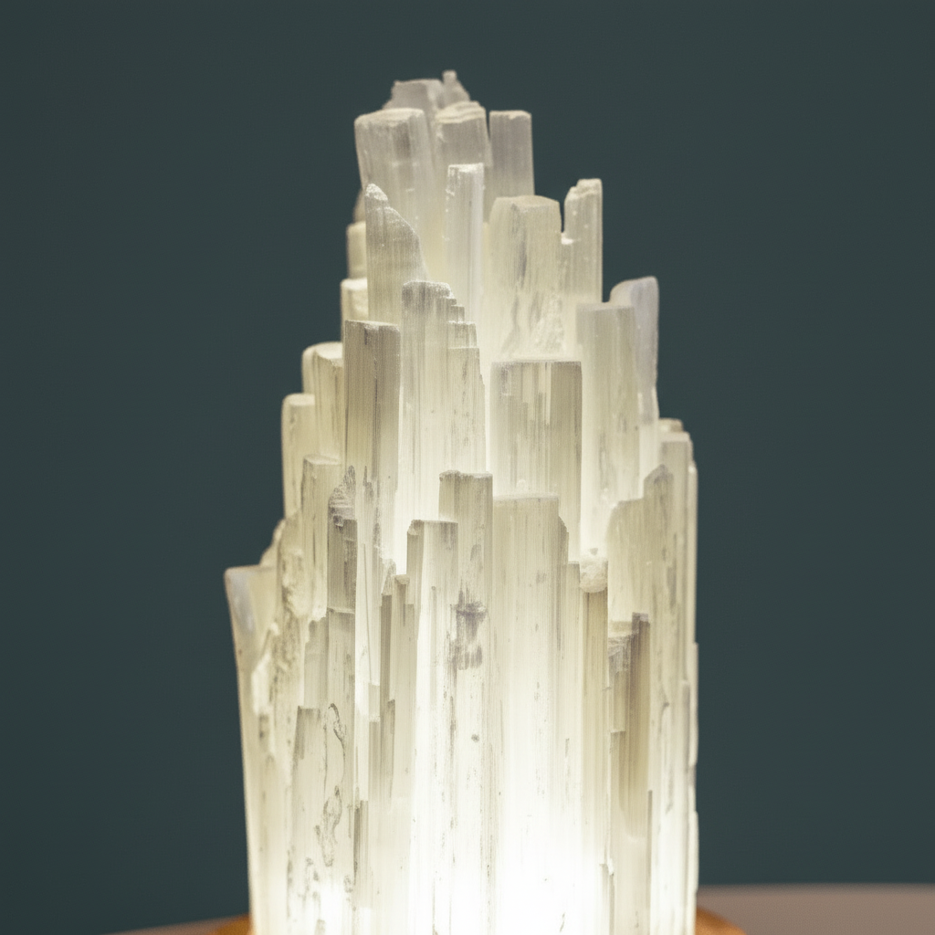 Tall selenite crystal lamp on a wooden base shown in a crisp close-up revealing natural striations and glowing translucence — for Carpe Diem Dream