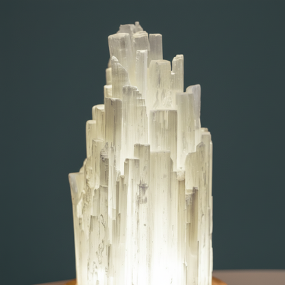 Tall selenite crystal lamp on a wooden base shown in a crisp close-up revealing natural striations and glowing translucence — for Carpe Diem Dream