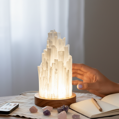 Glowing selenite lamp on a wooden base illuminating a cozy desk setup with crystals, journal, and soft ambient light — for Carpe Diem Dream