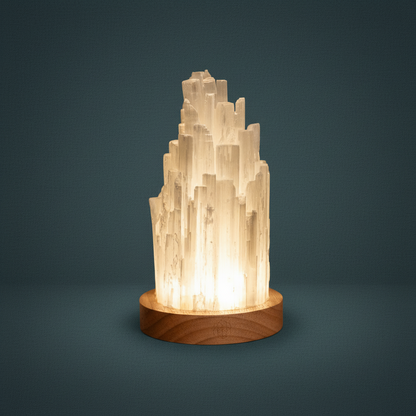Tall selenite crystal lamp on a wooden base glowing softly against a muted teal backdrop. — for Carpe Diem Dream