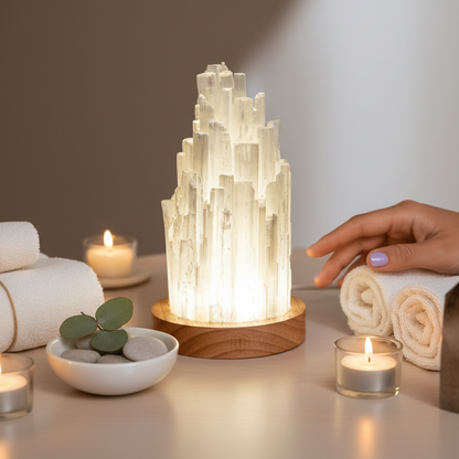 Tall selenite crystal lamp on a wooden base glowing in a serene spa setting with rolled towels, candles, and greenery against a warm neutral backdrop. — for Carpe Diem Dream