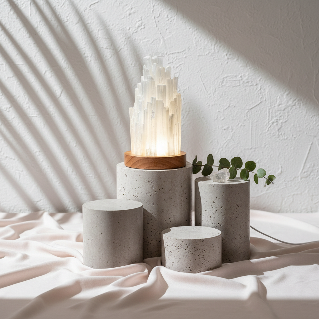 Tall selenite crystal lamp on a wooden base surrounded by soft gray botanical props and natural draped fabric. — for Carpe Diem Dream