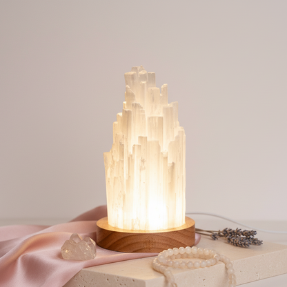 Tall selenite lamp on a wooden base glowing softly beside a blush silk drape and lavender sprigs against a warm neutral backdrop. — for Carpe Diem Dream