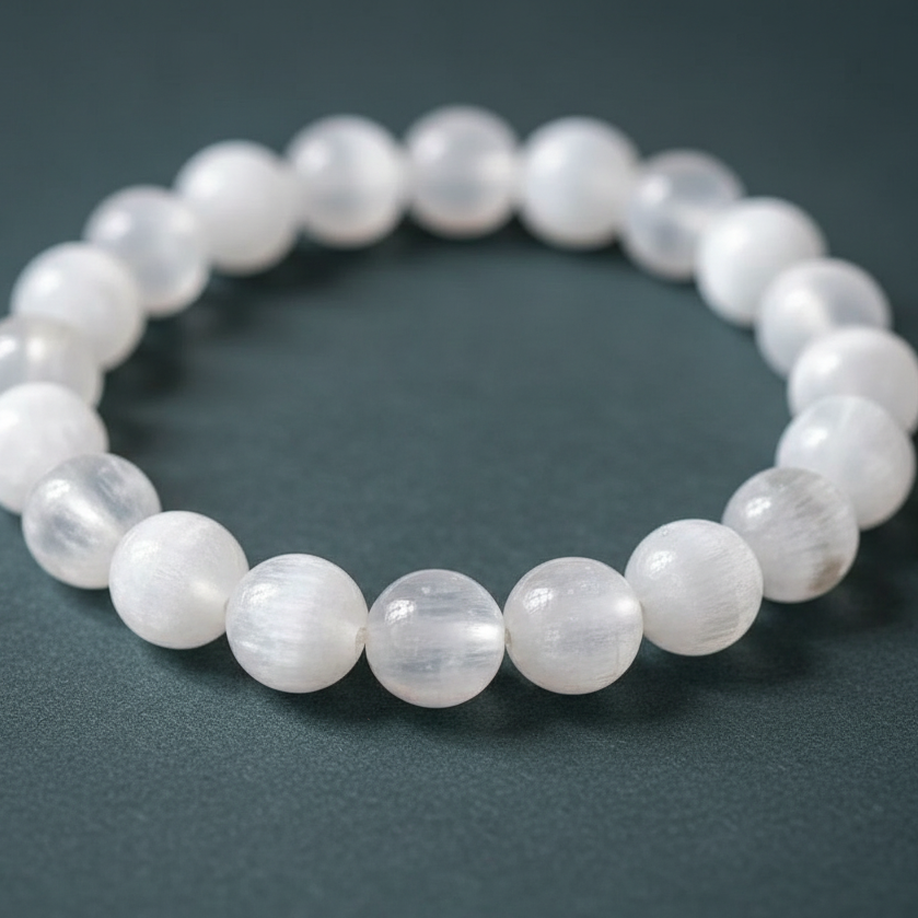 Close-up view of a Selenite cleansing bracelet resting on a muted teal surface. — for Carpe Diem Dream