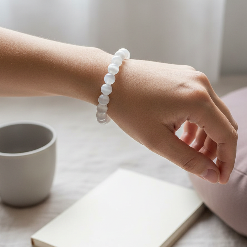 Hand wearing a Selenite cleansing bracelet in soft morning light above a journal and cup on a neutral table. — for Carpe Diem Dream