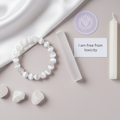 Selenite cleansing bracelet arranged with white candles, a selenite wand, tumbled stones, and an affirmation card on a soft blush spa-style backdrop. — for Carpe Diem Dream