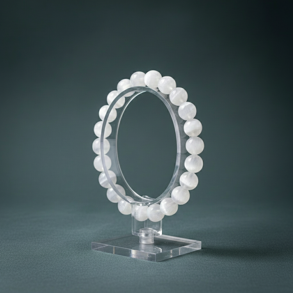 Selenite cleansing bracelet displayed upright on a clear stand against a muted teal backdrop. — for Carpe Diem Dream