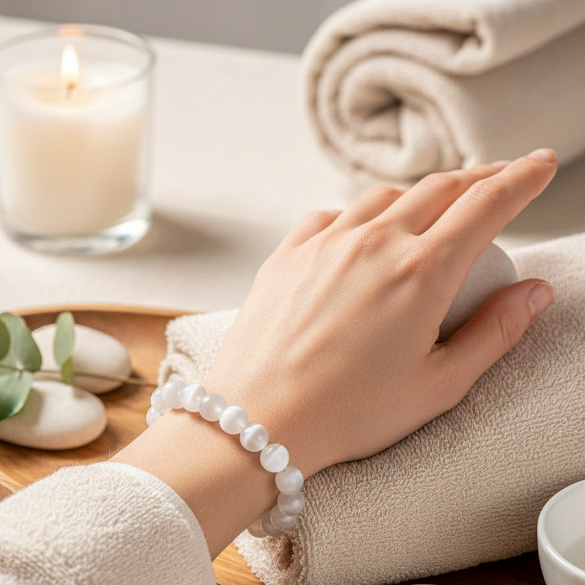 Hand wearing a Selenite cleansing bracelet in a soft spa setting with towels, a lit candle, and smooth stones on a wooden surface. — for Carpe Diem Dream